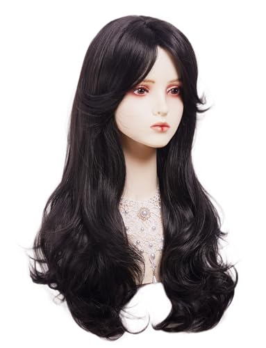 Natural Black Wavy Costume Wig for Women with Bangs & Layered Style - Halloween & Daily Wear
