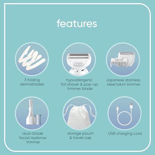 Conair Girlbomb All-in-One Shave & Trim System, Foil Shaver and Dual-Blade Face & Eyebrow Trimmer, Bikini Trimmer for Women, Gentle Hair Removal, Lithium-Ion Rechargeable with USB Charging Cord, White