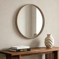 Round Wood Mirror 28 Inch Wall Decor Rustic Farmhouse Walnut Frame