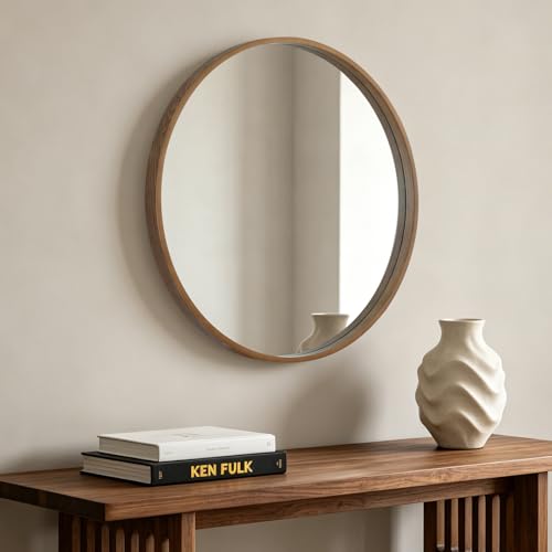 Round Wood Mirror 28 Inch Wall Decor Rustic Farmhouse Walnut Frame