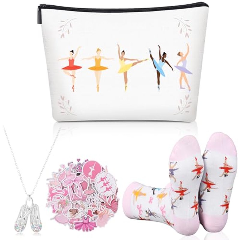 Jadive 4 Pcs Ballet Gifts Ballerina Dance Recital Gifts Set Canvas Makeup Bag Dance Stickers Necklace Socks for World Ballet Day Women Party Supplies Birthday Decorations