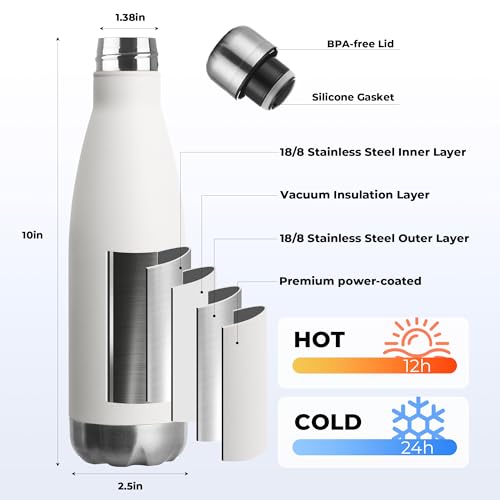 17oz Stainless Steel Sport Water Bottles 12 Pack - White, Leak-Proof & Insulated