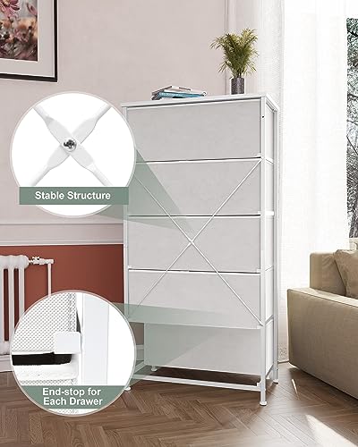 Tall Fabric Dresser with 5 Drawers - Wide White Vertical Storage Organizer