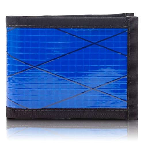 Flowfold Vanguard Recycled Sailcloth Bifold Wallet | Slim and Durable with Cash pocket, Two Hidden Card Pockets and Two ID Windows | Holds 10-12 Cards | Minimalist Wallet Made in USA | Blue Sailcloth
