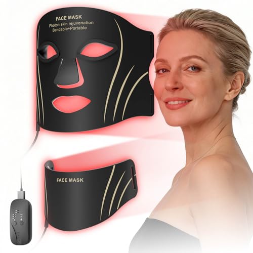 Red Light Face & Neck Mask - Anti-Aging Skin Firming, 7 Color Modes, Portable Rechargeable - Black