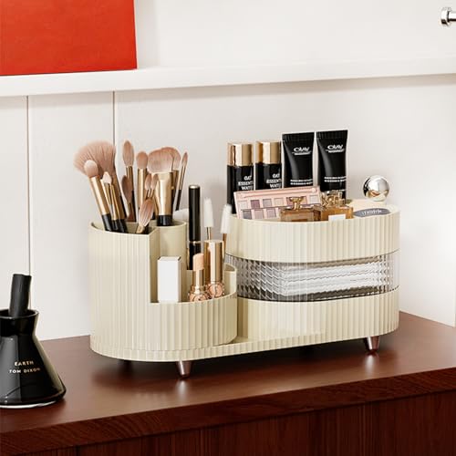 3 Layer Rotating Makeup Organizer with Drawer & Brush Holder - Ivory