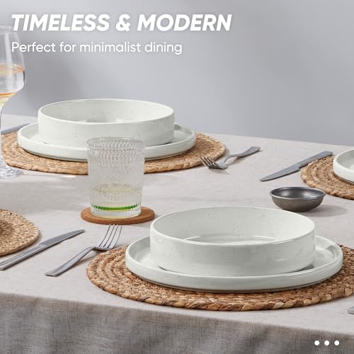 16-Piece Stoneware Dinnerware Set with Pasta Bowls - Speckled White, Includes 4 Dinner Plates, 4 Dessert Plates, 4 Cereal Bowls, 4 Pasta Bowls