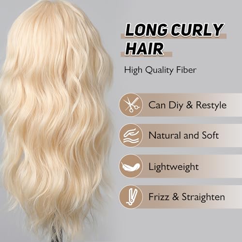 Blonde Wigs for Women 22 Inch Platinum Curly Wig with Bangs Synthetic Hair