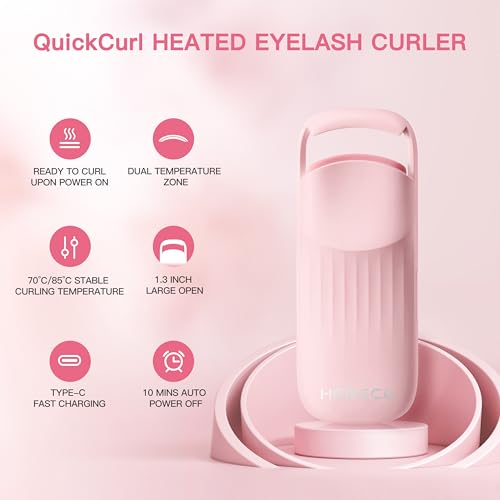 Heated Eyelash Curler Innovative, QuickCurl 2S Heat Up, Naturally Lash Curler 70¡ÆC/85¡ÆC Adjustable Heat, Safe Food-Grade Silicone, 600mAh Battery Portable Size for Travel (Pink)
