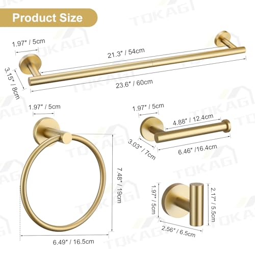 TQKAG Brushed Gold 10-Pieces Bath Hardware Set – SUS304 Stainless Towel Bar 23.6in, Rings, Hooks & Holders