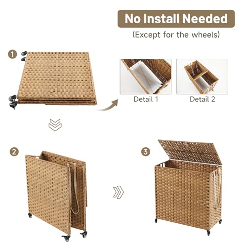 Large 39.6 Gallon Laundry Hamper with Wheels & Lid - 3-Section Rattan Basket with Removable Liners, Mesh Bags, Side Pocket - Natural, 150L