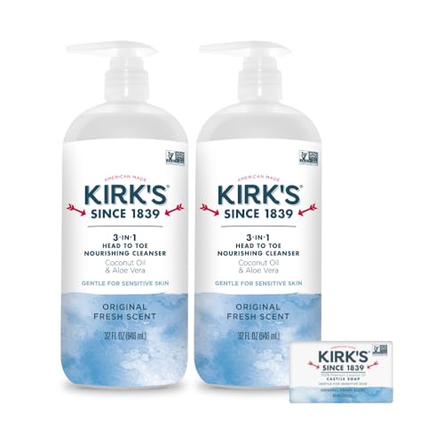 Kirk's 3-in-1 Fresh Nourishing Body Wash, Shampoo & Bubble Bath - 32 Fl Oz Pack of 2 - Coconut & Aloe Vera