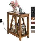 Farmhouse End Table with Charging Station - Rustic Brown, Narrow Side Table for Small Spaces