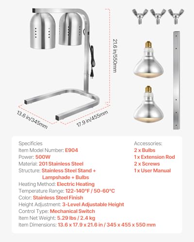 VEVOR Commercial Food Heat Lamp 500W Stainless Steel Warming Light for Restaurants