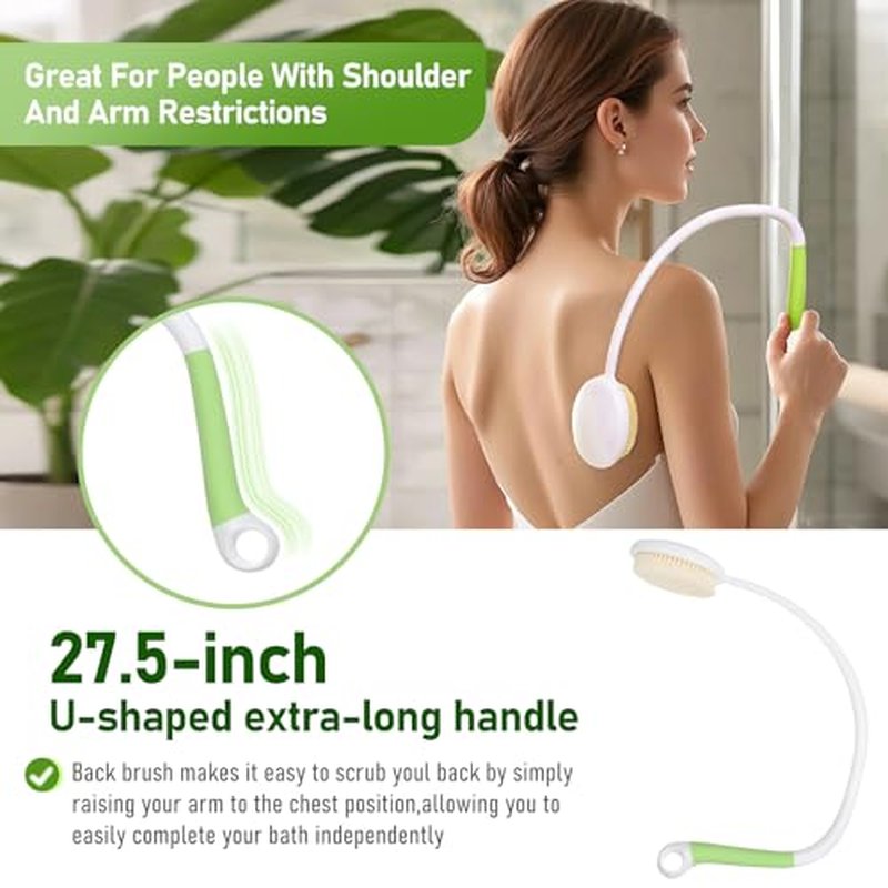 Fanwer 27.5" Long Handled Back Bath Brush for Shower, Back Scrubber for Shower with U-Shaped Curved Handle, Loofah Shower Brush Back Washer for Elderly, Men and Women, Adaptive Equipment for Shower