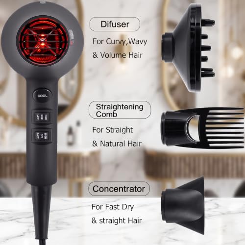 Infrared Hair Dryer with Ionic Technology - Professional Salon Blow Dryer - Black Gold