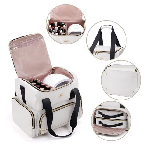 Beige Large Nail Polish Organizer Bag with Lamp & Detachable Compartments