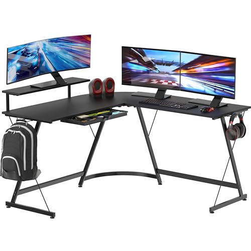 Black L-Shaped Corner Desk with Monitor Stand & Drawer - 51x51 Inch