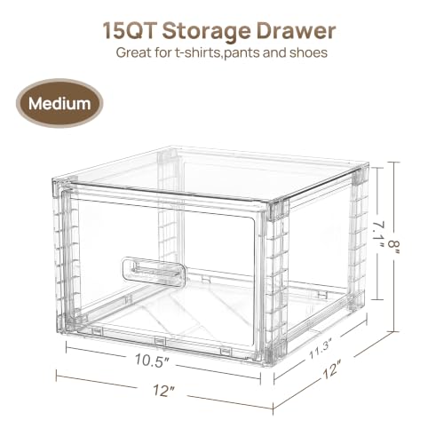Stackable Closet Storage Drawers - Clear Plastic Organizer Bins, 15QT, Set of 8