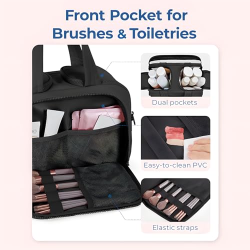 Large Waterproof Cosmetic Travel Bag with Wet Dry Compartments - Black