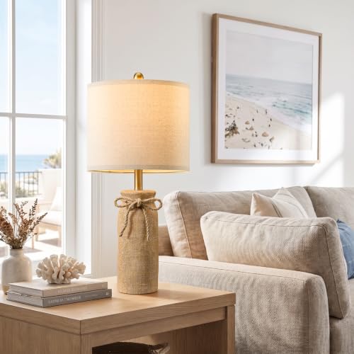 BOBOMOMO Burlap Beige 25.5" Boho Resin Woven Table Lamps Set of 2 for Bedroom & Living Room