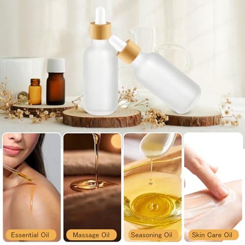 12 Pcs Frosted Glass Dropper Bottle Refillable Essential Oil Container Jars with Eye Dropper & Bamboo Lids for Perfume Sample Cosmetic Liquid Travel - 60ml/2oz