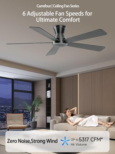 Matte Black 48-Inch Ceiling Fan No Light - Low Profile Flush Mount, 6-Speed Reversible Outdoor Fan with Remote & App Control