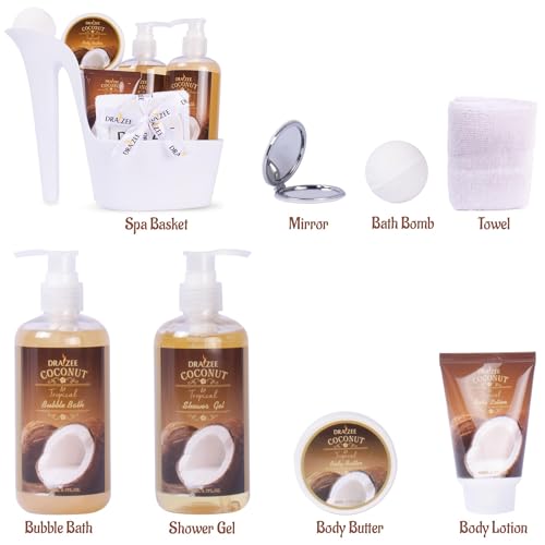 Luxury Spa Gifts for Women ? 8 Pc Coconut Scented Bath and Body Set with Bubble Bath, Lotion & More ? Luxury Self Care Kit for Wife, Mom, Best Friend, Girlfriend, Anniversary Gift by Draizee
