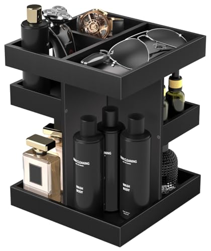 Black 360° Rotating Perfume & Grooming Organizer Stand - Large Wood Vanity Storage