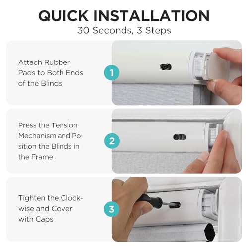 No Drill Cellular Window Shades - White 34x64 Inches, Blackout Cordless