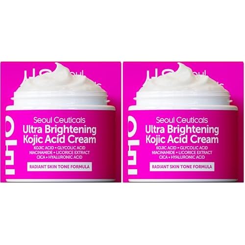 SeoulCeuticals Korean Kojic Acid Cream Dark Spot Remover + Glycolic Acid + Niacinamide + Cica + HA Moisturizer - Cruelty Free K Beauty Skincare 2oz (Pack of 2)