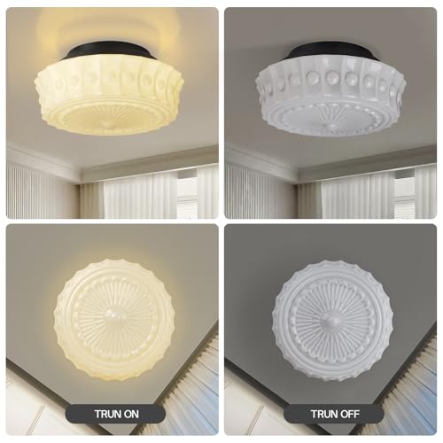Milk White Ceiling Light Fixture - 13.8'' Flush Mount Vintage Farmhouse Design with 4 LED Bulbs - Variation: Milk White C