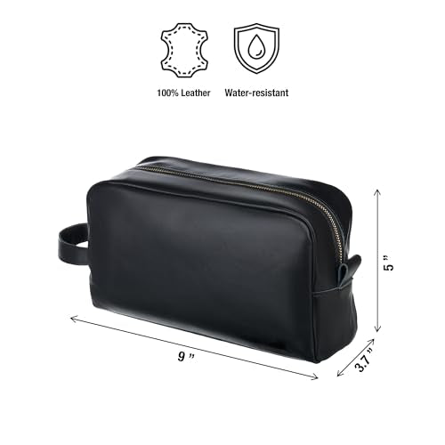 Awesometik Unisex Premium Travel Bag - Toiletries Organizer Case for Grooming, Jewelry - Travel Essentials Shaving Dopp Kit - Geniune Leather Water Resistant Cosmetic Bag For Men, Women (Black)