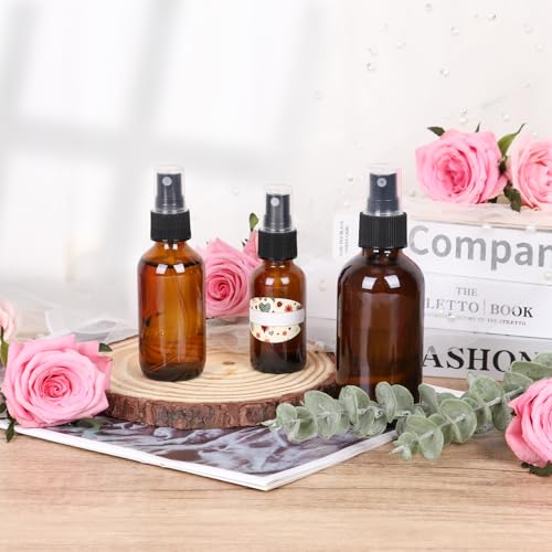 EkkoVla 24 Pack 4 oz Amber Spray Bottles with Fine Mist Sprayer, 120 ml Glass Travel Bottles for Cosmetic Essential Oils Cleaning Solutions Perfumes and Liquids