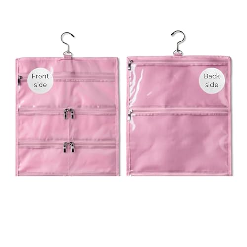 On-The-Go Organizer, 7 Clear Vinyl Pockets, Hanging Travel Case for Makeup and Accessories, 13.5 x 16 inches (Cotton Candy, Small)