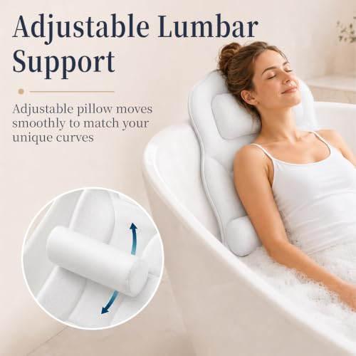 White Extra Long Bathtub Pillow with Adjustable Lumbar Support - Fast Dry Spa Accessory