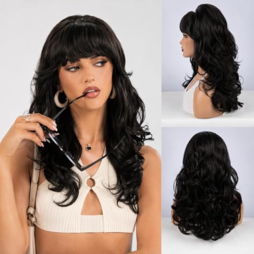 MEDISIFA Natural Black Wavy Wig with Bangs & Rose Clip (Dark) – 290g, Heat-Resistant Synthetic