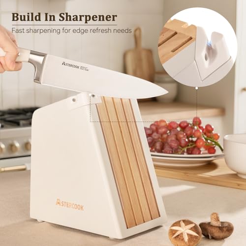 Cream White 12-Piece Kitchen Knife Set with Block & Sharpener - Full Tang Stainless Steel, Ergonomic Handles