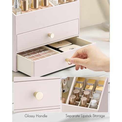 Vlando Makeup Organizer,Skincare Organizer for Vanity£¬PU Leather Make up Organizer with Drawers Cosmetic Display Case for Countertop,Perfume,Gifts Ideas for Women (Apricot White)
