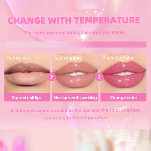 Magic Color Changing Lip Oil with Big Brush - Shimmer Glossy Non-Sticky Plumping Lip Balm, 6.5g Hydrating Long-Lasting Lip Care