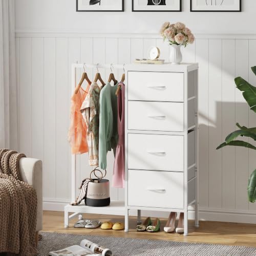 Tall Dresser with Hanging Clothes Rack - White, 44"H, 4 Drawers, Reversible Storage Tower