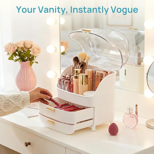 Vtopmart 3-Tier Skincare Makeup Organizer with Drawers and Lid for Vanity and Bathroom Countertop, Large Cosmetic Storage Box Case for Dresser, with Non-Slip Base