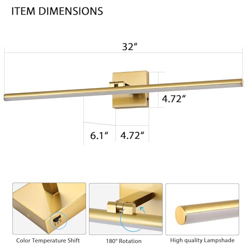 Brass 32 Inch Dimmable LED Bathroom Vanity Light with 3 Color Temperatures