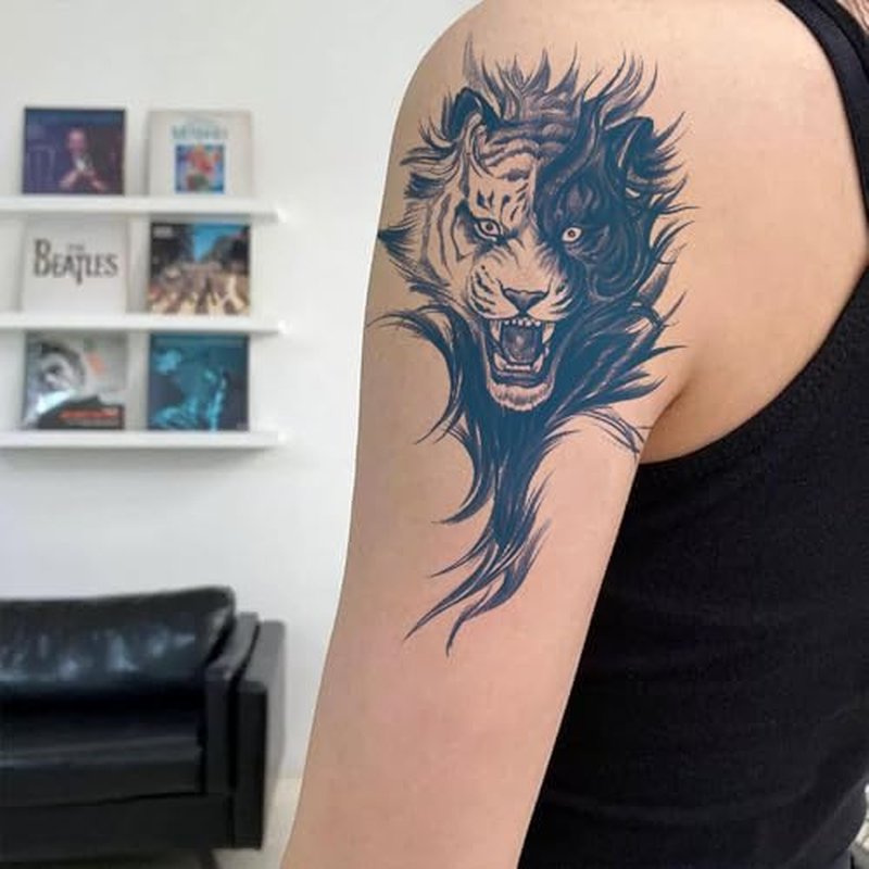 2 Sheets Semi Permanent Waterproof Temporary Tattoos, Lasts 1-2 Weeks, Realistic Look, No Adhesive, No Reflection Adult Body Art Stickers, Lion Tiger Arm