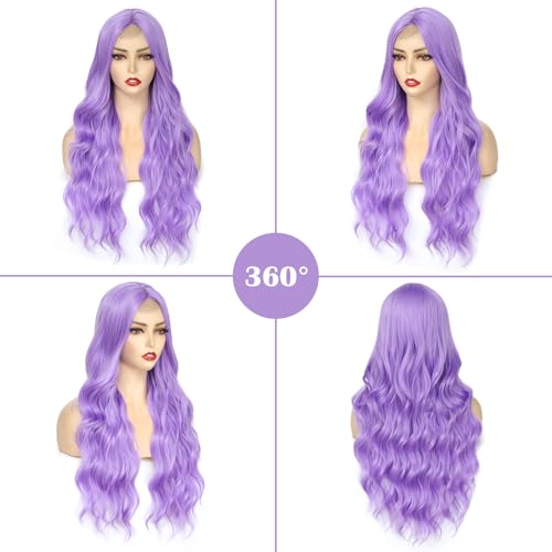 Long Purple Wavy Wig for Women 26 Inch Light Purple Middle Part Curly Wig - Angzon