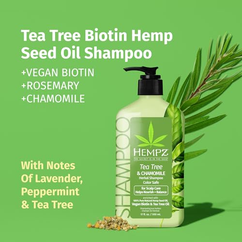 Hempz Biotin Hair Shampoo - Tea Tree & Chamomile - For Scalp Care Hair Growth & Strengthening of Dry, Damaged and Color Treated Hair, Hydrating, Softening, Moisturizing - 17 Fl OZ