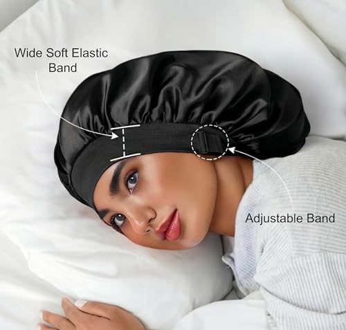 SereLune Mulberry Silk Lined Bonnet for Sleeping – Large, Black, Double Layer, Soft Elastic Band