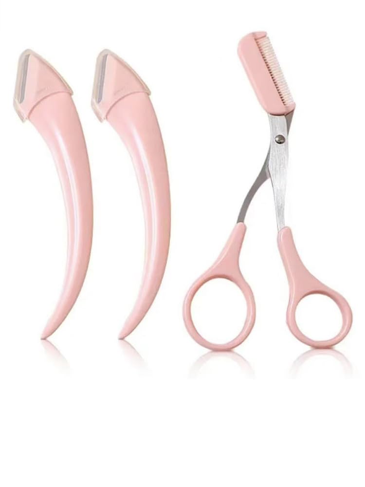 Pink Eyebrow Trimmer Set, 2 Pcs Crescent Shaped Eyebrow Trimmer and 1 Pc Scissors, Novice Eyebrow Scraper