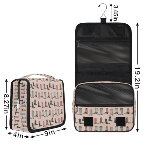 Travel Toiletry Bag for Women Men with Hanging Hook Pink Retro Western Print Cowboy Pattern Makeup Cosmetic Bag Organizer Travel Bag for Toiletries Essentials Accessories, Large Size