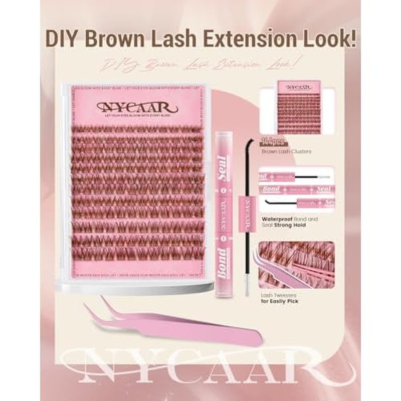 Lash Clusters Kit Brown Lash Clusters with White Clusters Glue and Clear Seal 8-16mm Wispy Cluster Eyelash Extension Kit D Curl 144pcs Brown Natural Lashes Cluster DIY Lash Extension Kit